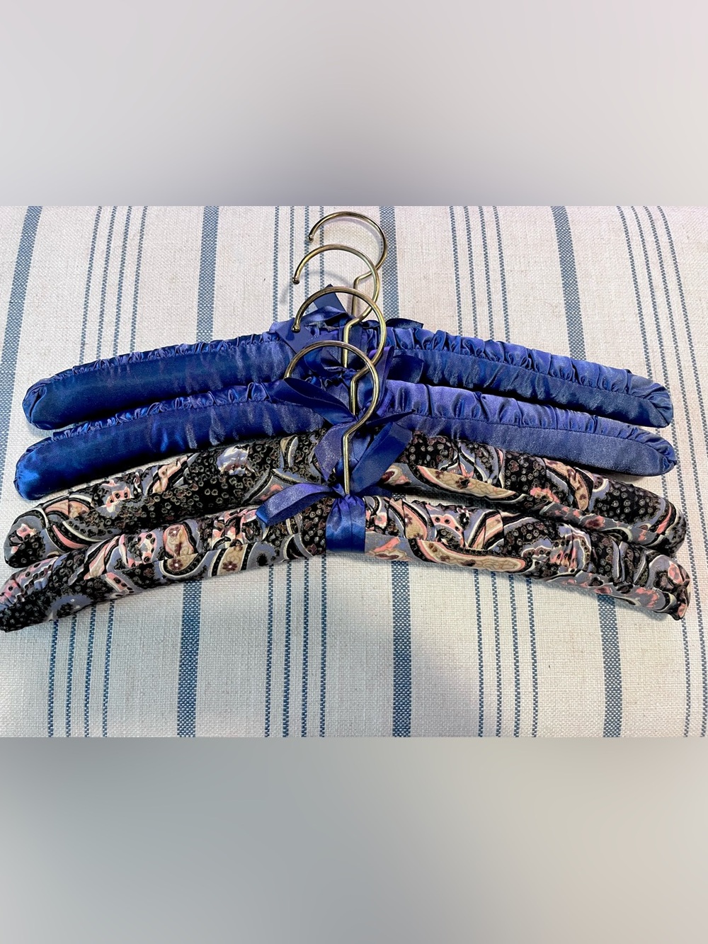 OS Set of 4 Silk Padded Satin Blue and Paisley Fabric Hangers